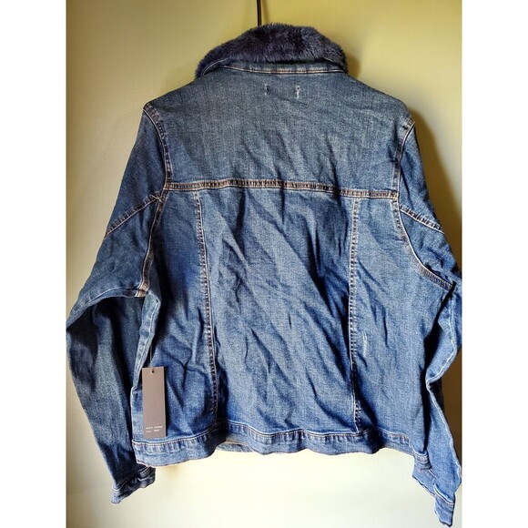Black Label C’est Toi Women's Sz 3XL Distress Denim Navy Faux Fur Button Jacket - Picture 6 of 16